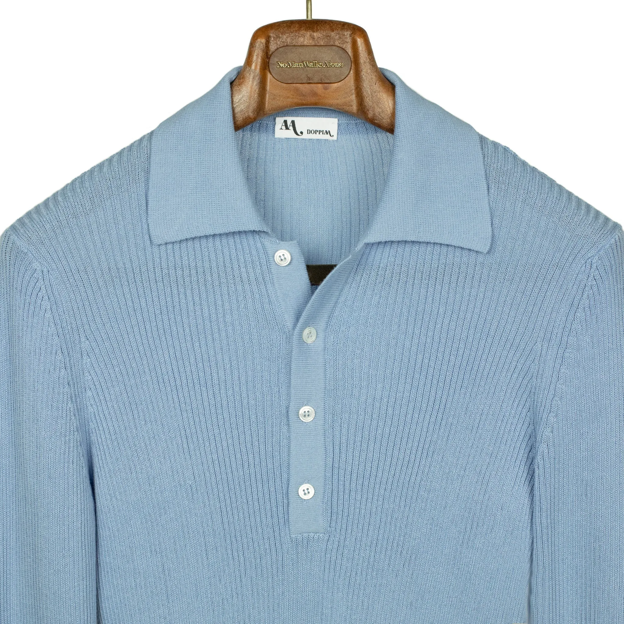 AAlgua long sleeve knitted polo shirt in sky blue ribbed cotton