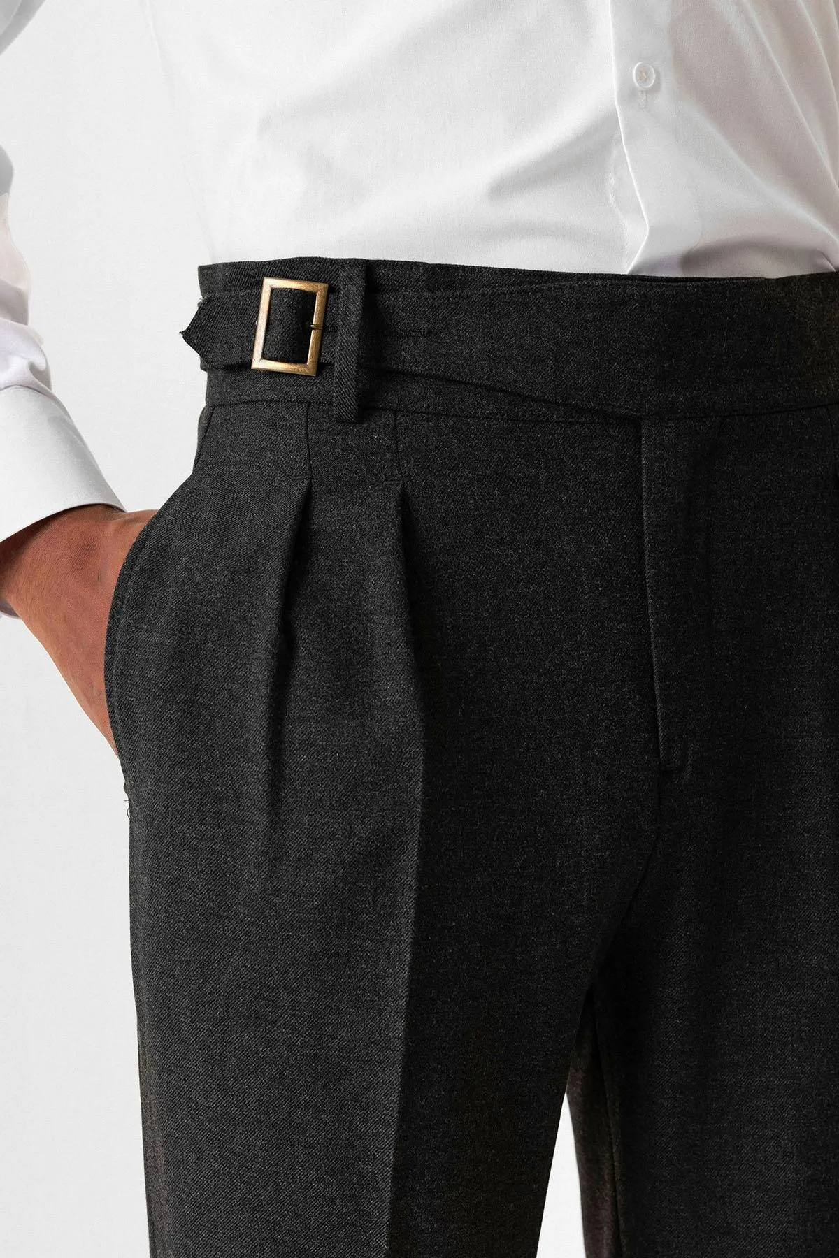 Anthracite Pleated Men's Trousers with Buckle Detail - Wessi