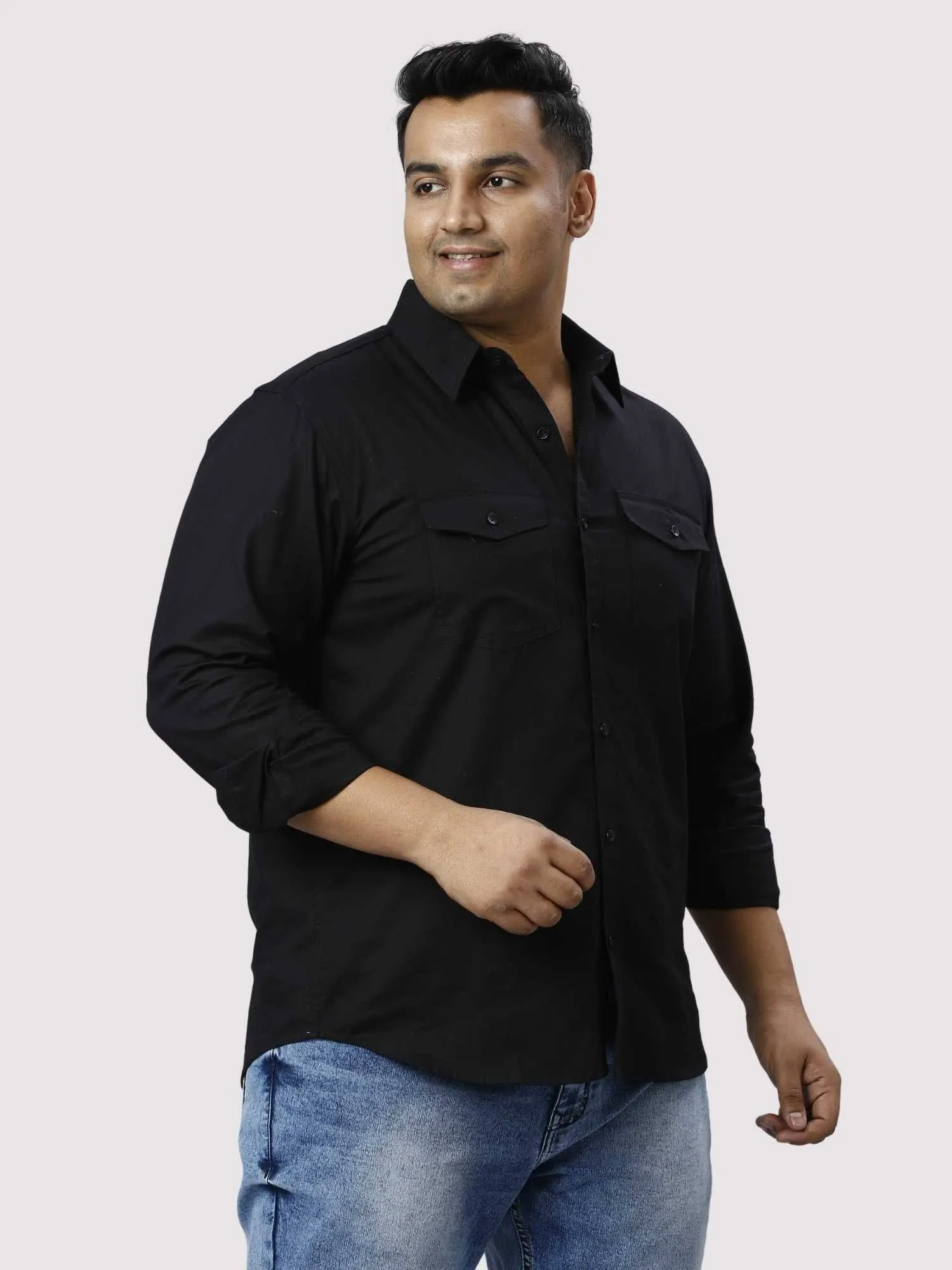 Black Cotton Double Pocket Full Sleeve Shirt Men's Plus Size