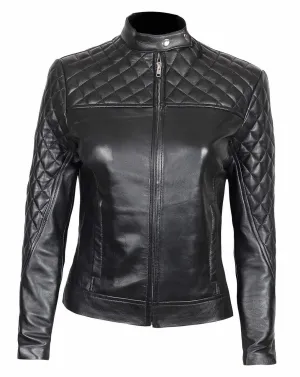 Black Leather Biker Jacket  Quilted Leather Jacket Womens