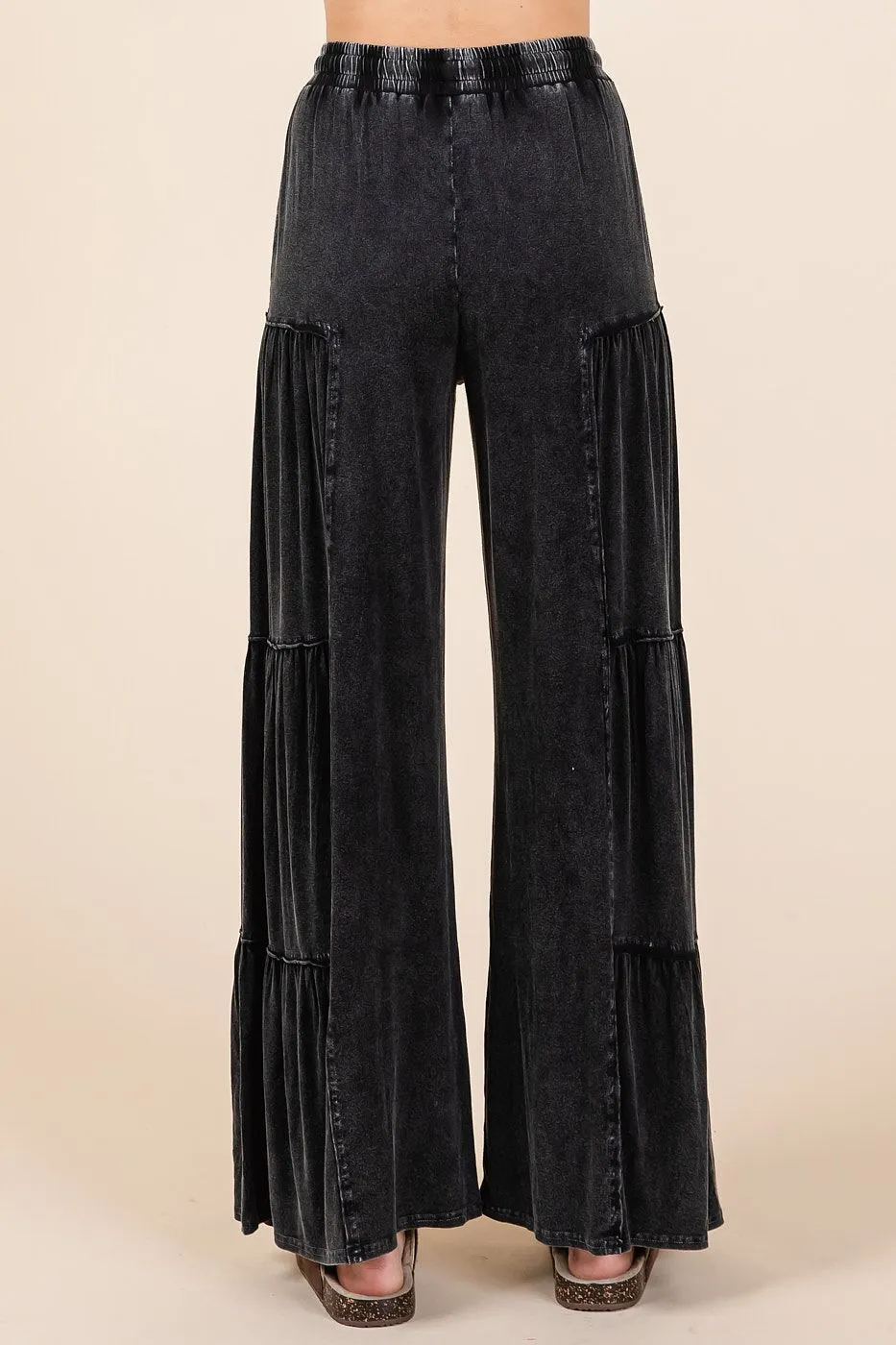 Black Mineral Wash Tiered  Boho Wide Leg Pants