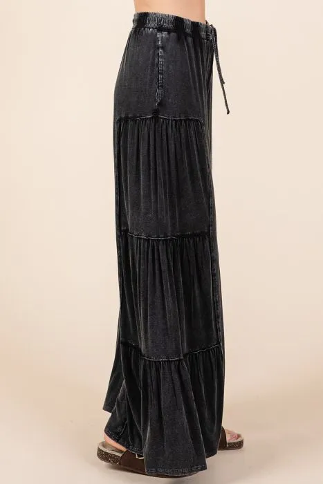 Black Mineral Wash Tiered  Boho Wide Leg Pants