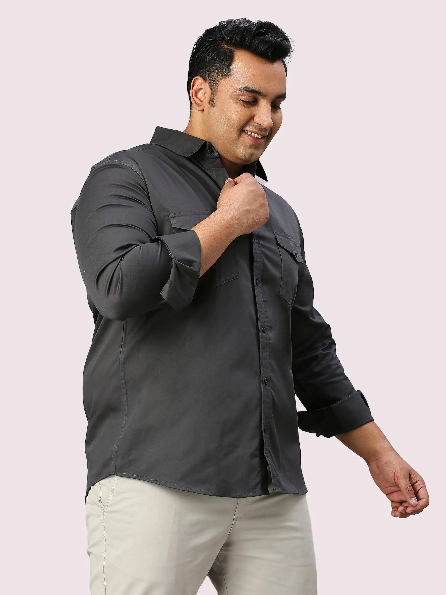 Black Solid Pure Cotton Double Pocket Full Sleeve Shirt Men's Plus Size