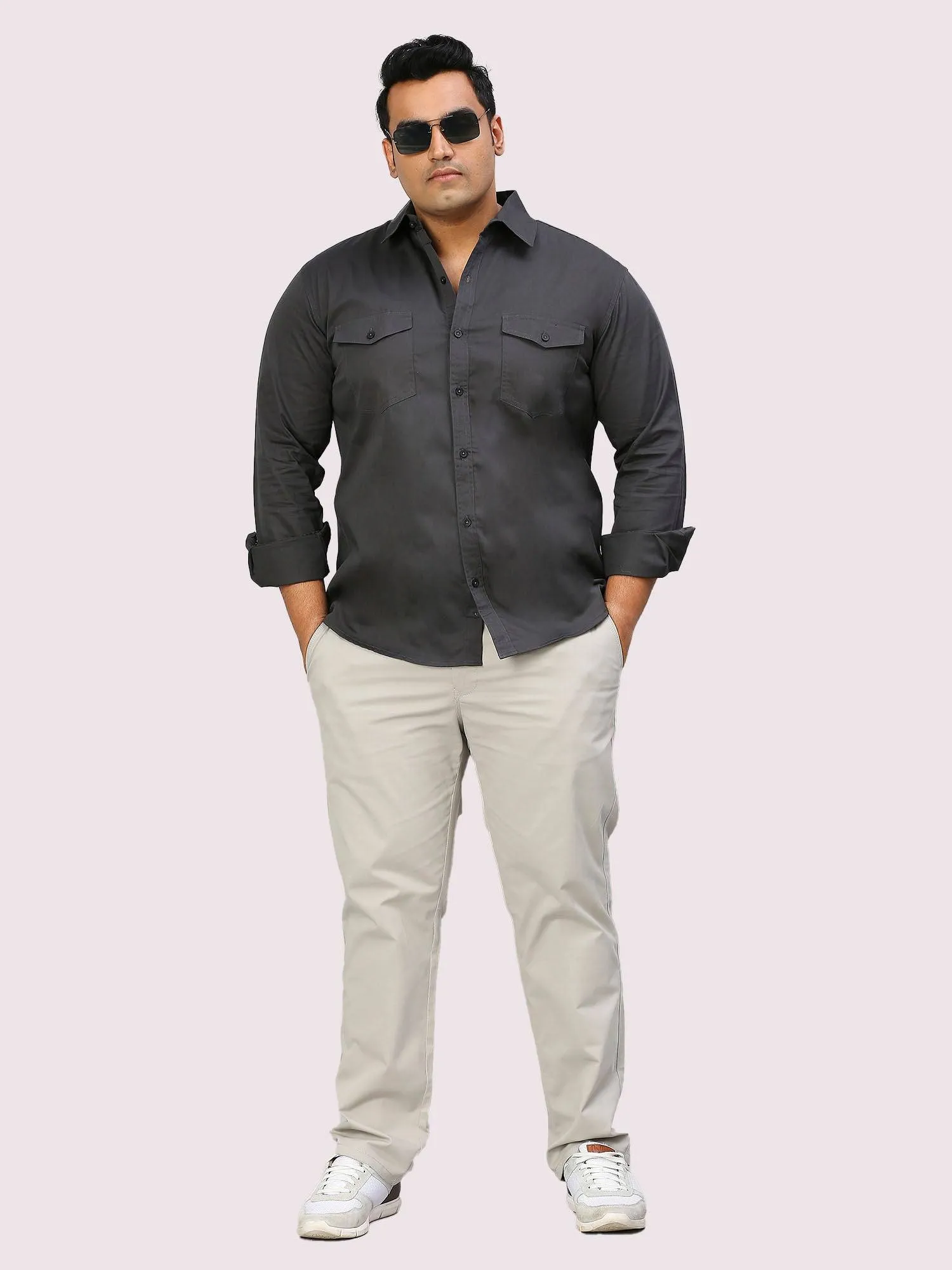 Black Solid Pure Cotton Double Pocket Full Sleeve Shirt Men's Plus Size