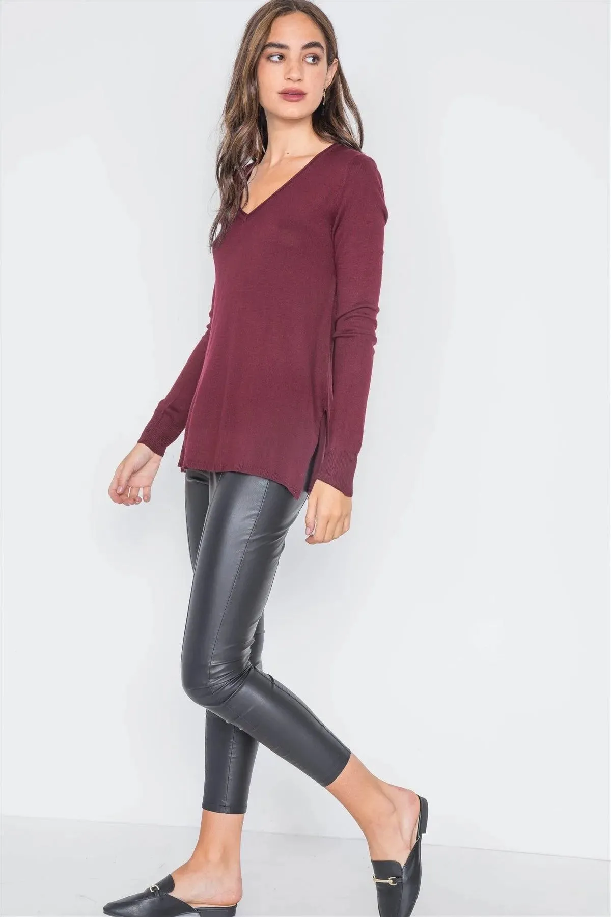 Burgundy Long Sleeve Knit Casual V-Neck Solid Sweater