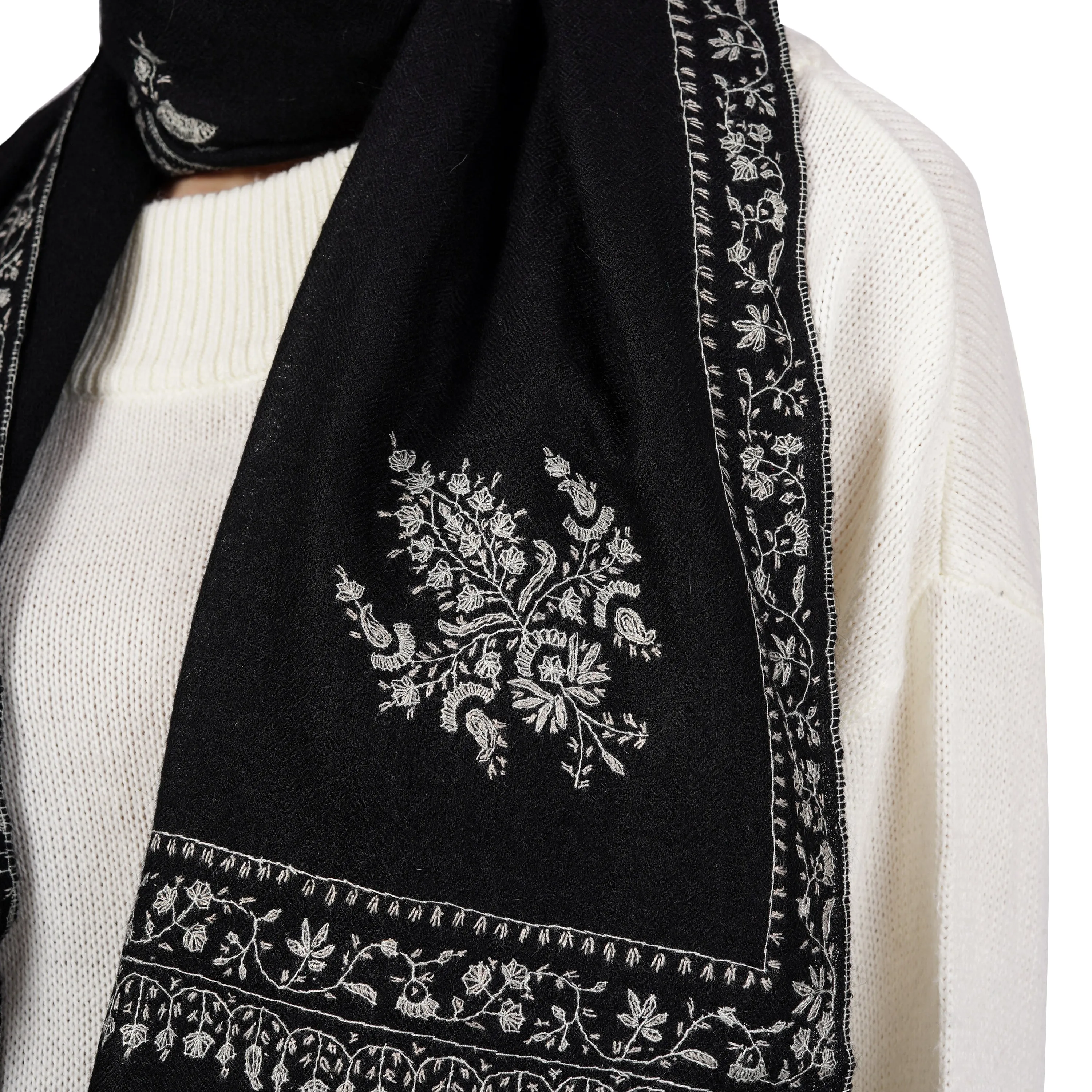 Cashmere Pashmina Embroidered Scarf (Black)