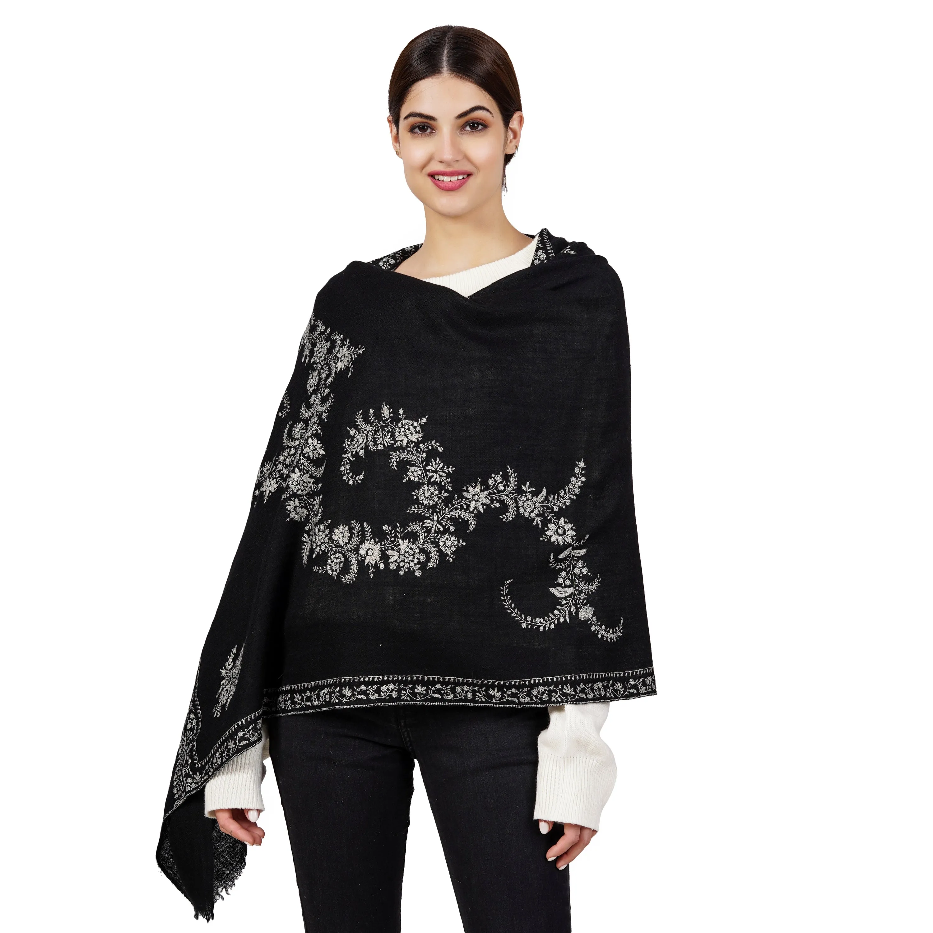 Cashmere Pashmina Embroidered Scarf (Black)