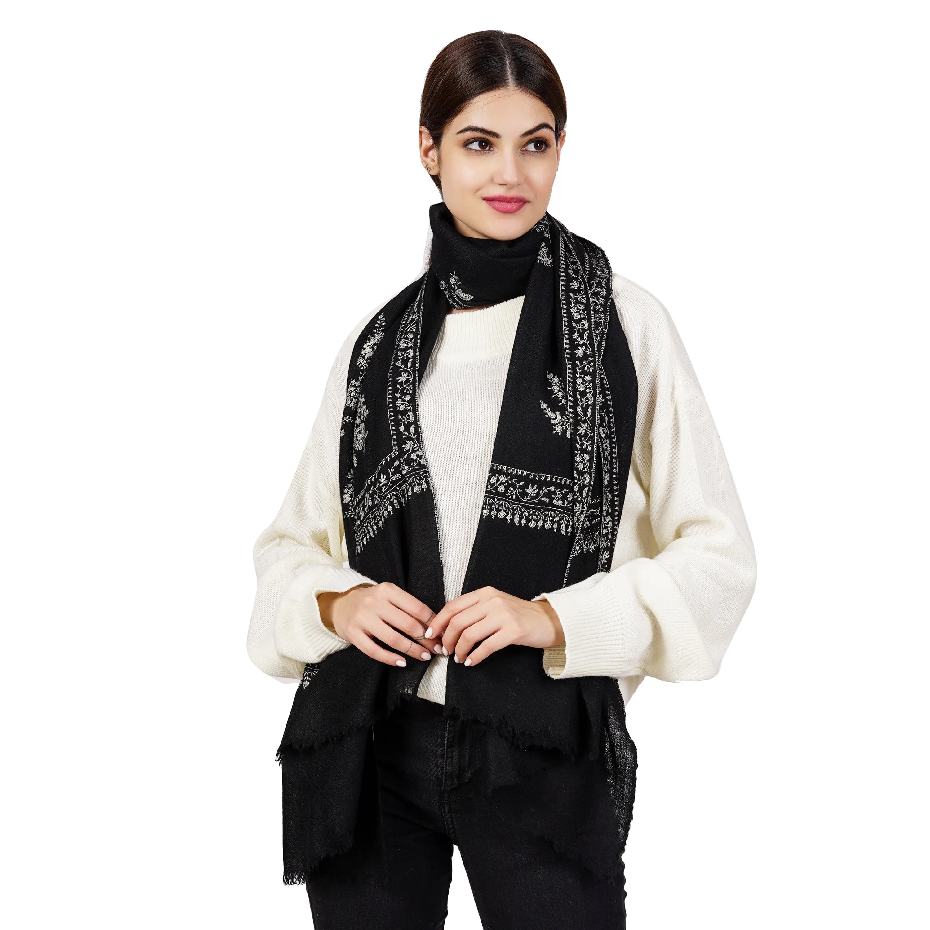 Cashmere Pashmina Embroidered Scarf (Black)