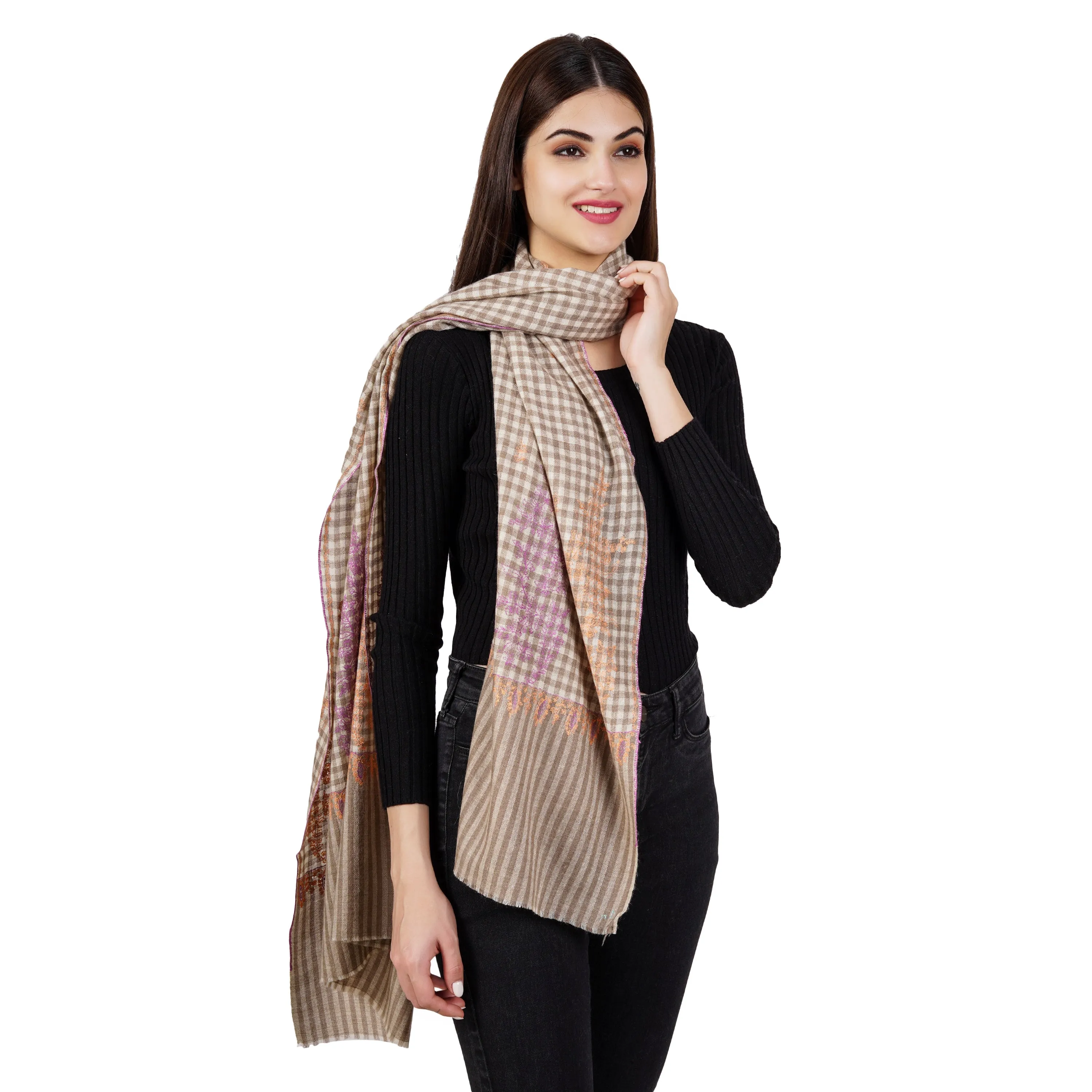 Cashmere Pashmina Embroidered Scarf (Checkered)