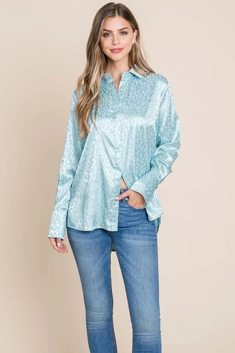 Casual Animal Print Satin Button up Shirts Blouse