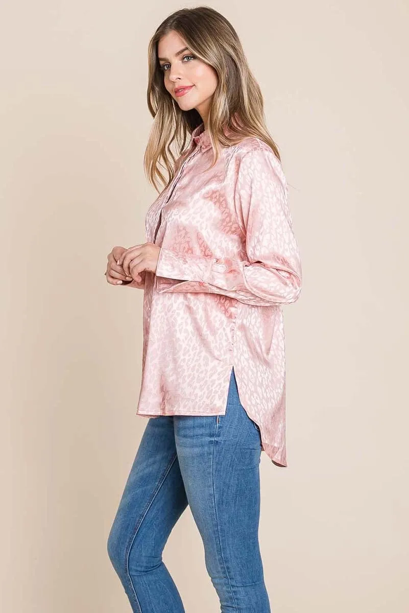 Casual Animal Print Satin Button up Shirts Blouse