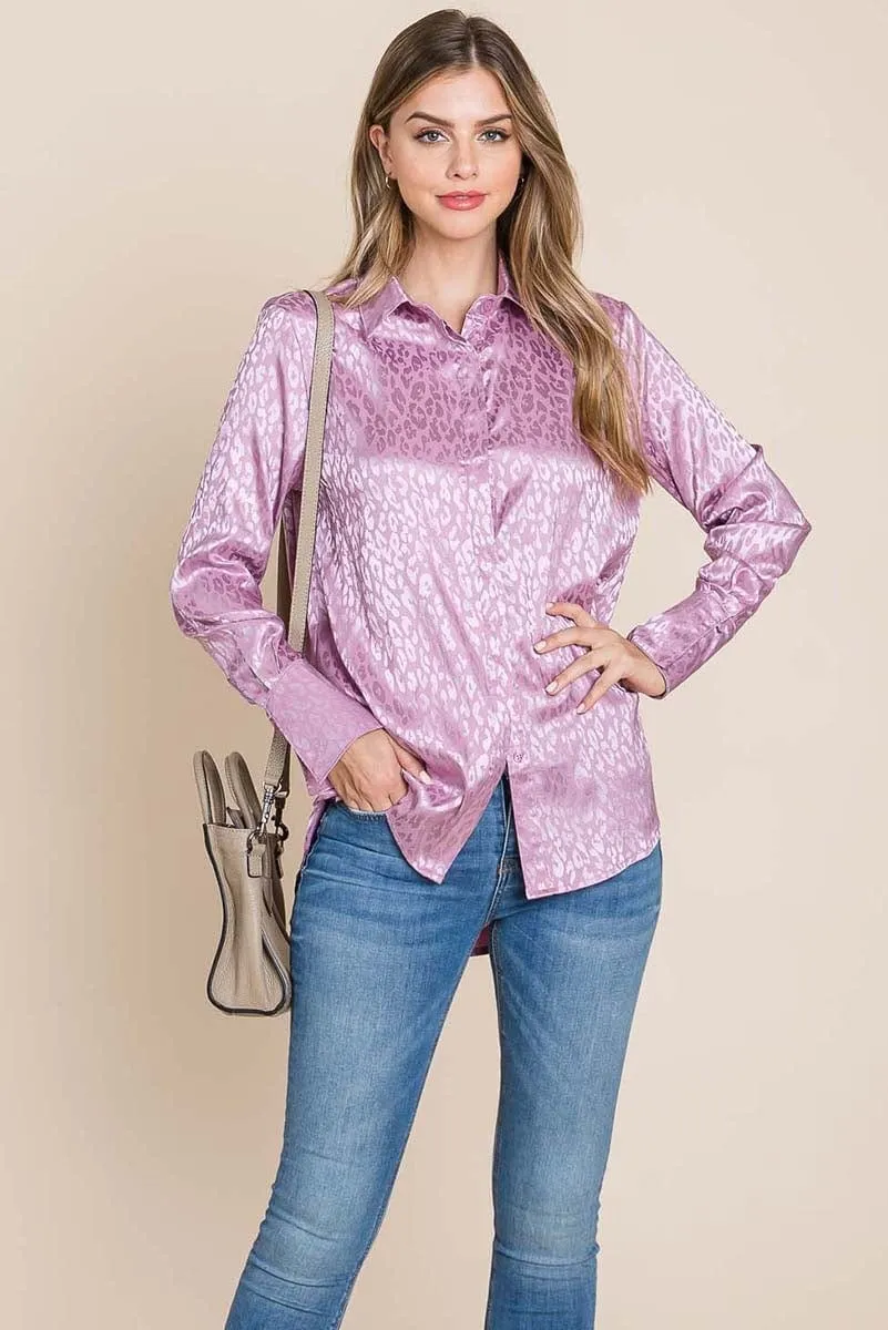 Casual Animal Print Satin Button up Shirts Blouse