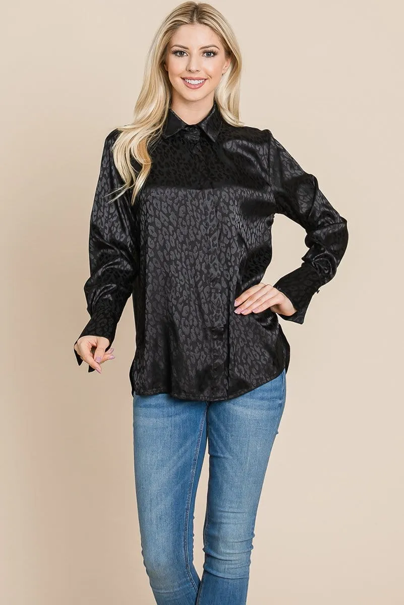 Casual Animal Print Satin Button up Shirts Blouse