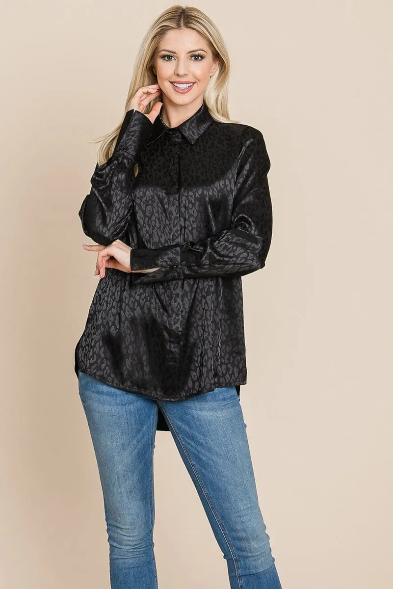 Casual Animal Print Satin Button up Shirts Blouse