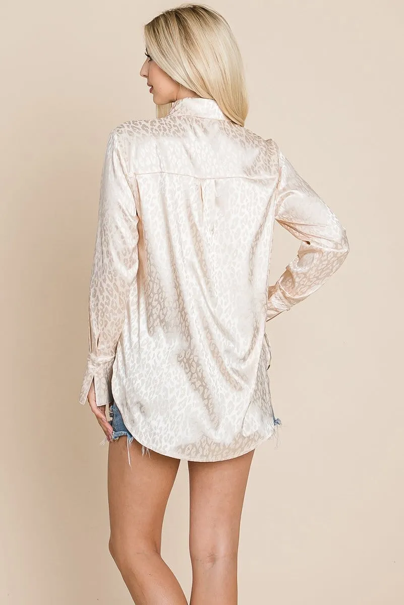 Casual Animal Print Satin Button up Shirts Blouse