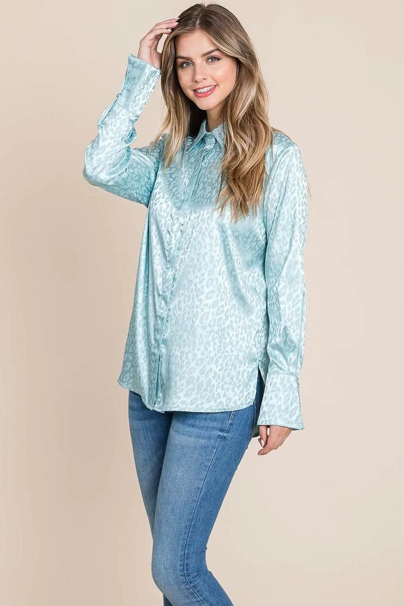 Casual Animal Print Satin Button up Shirts Blouse