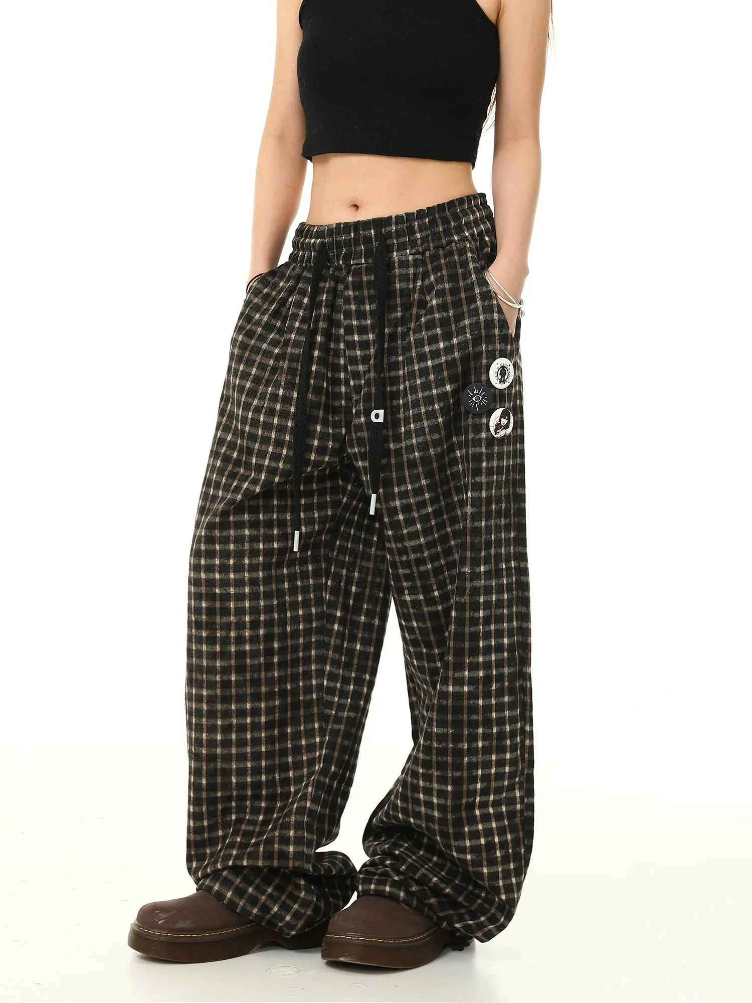 Check Print Wide Leg Track Pants