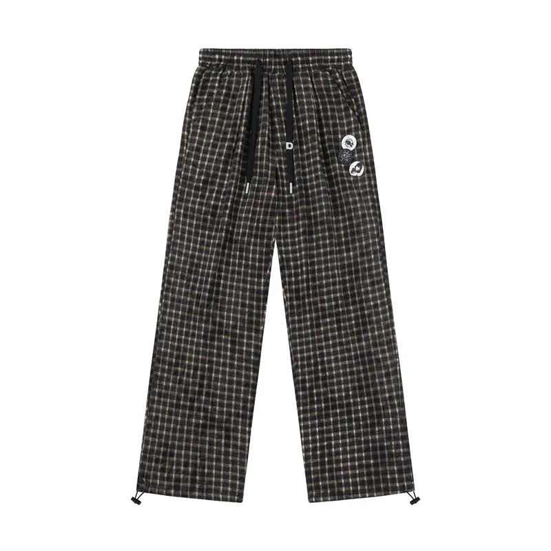 Check Print Wide Leg Track Pants