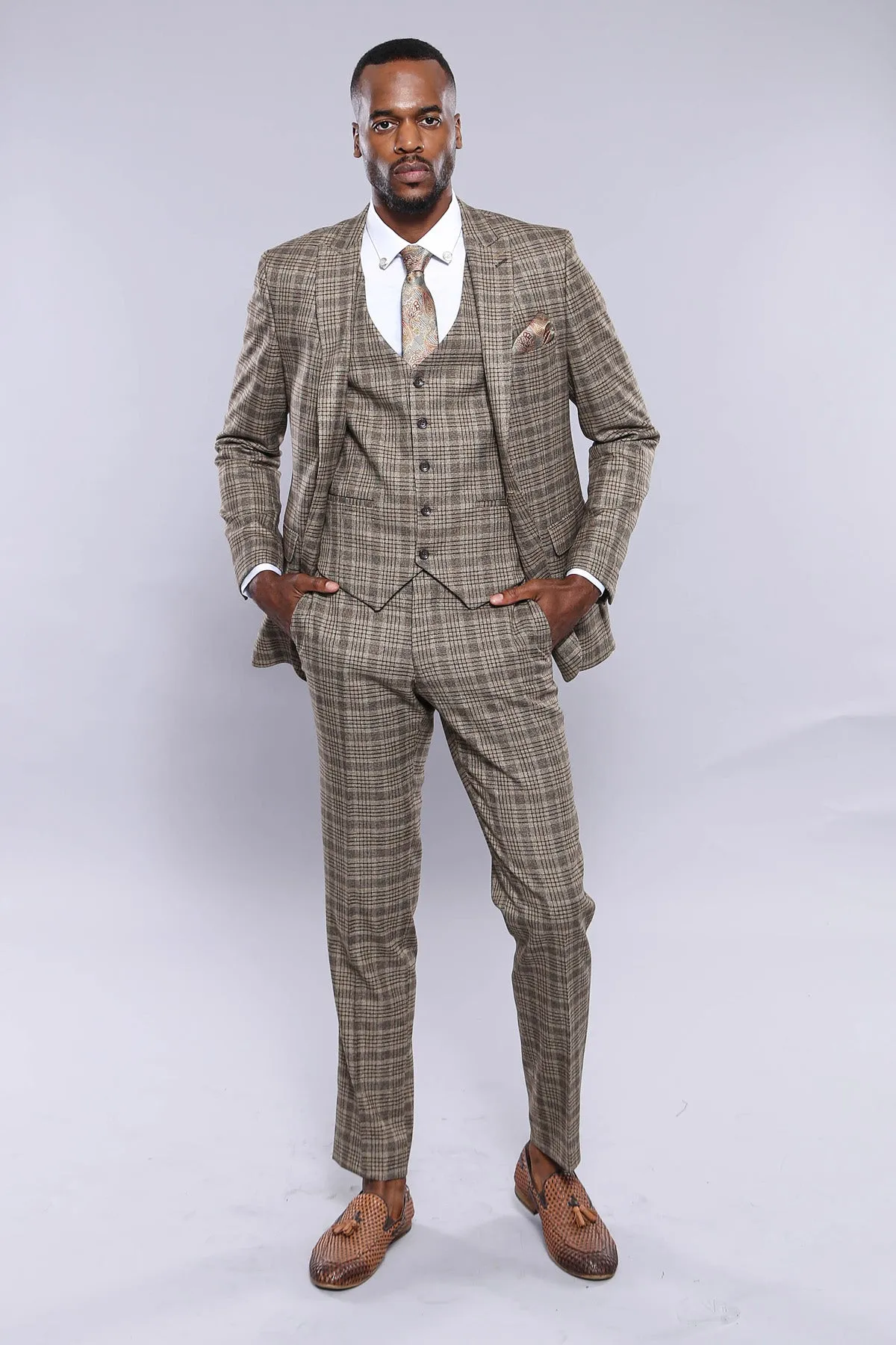 Checked Slim-Fit Light Brown Men Blazer - Wessi