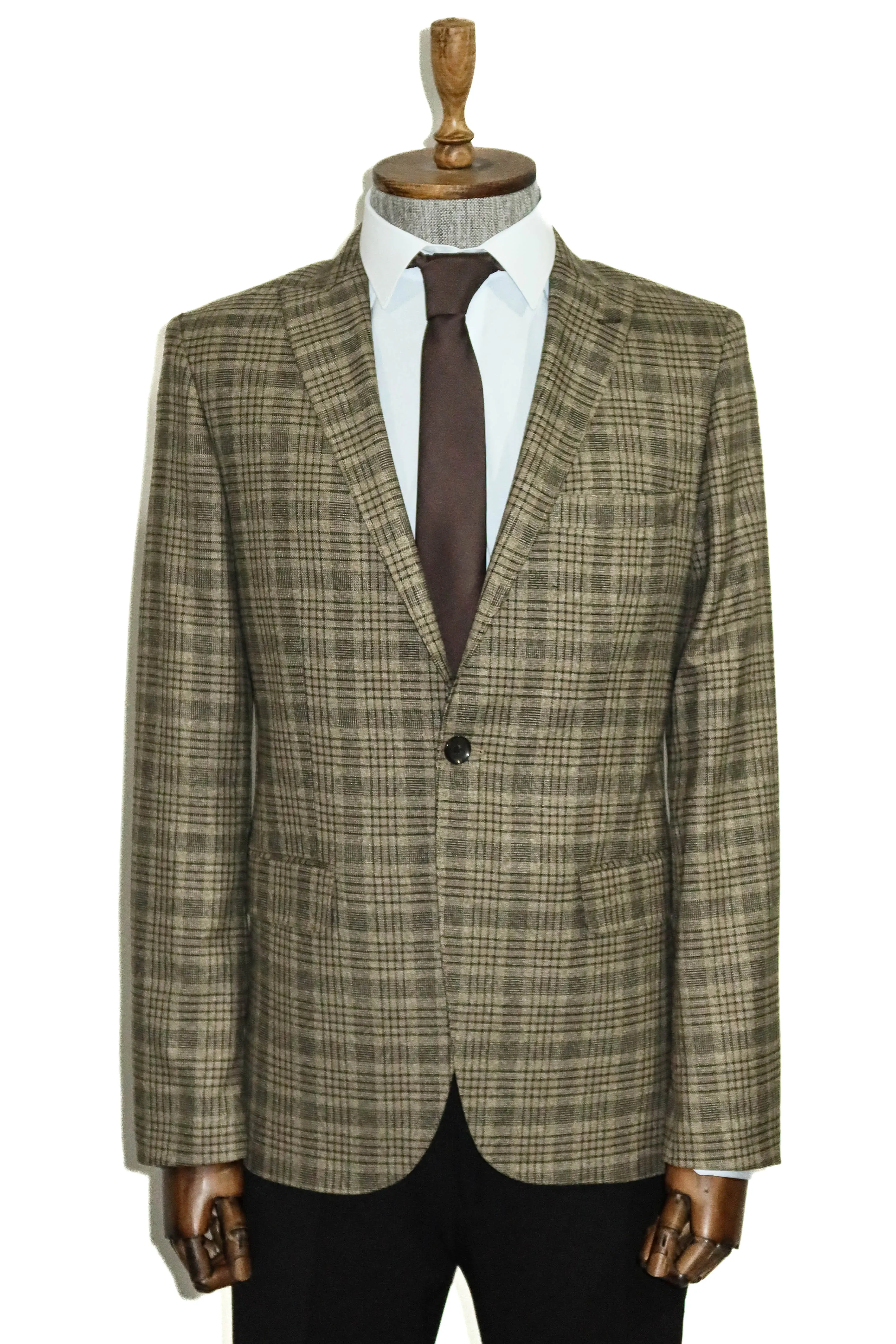 Checked Slim-Fit Light Brown Men Blazer - Wessi