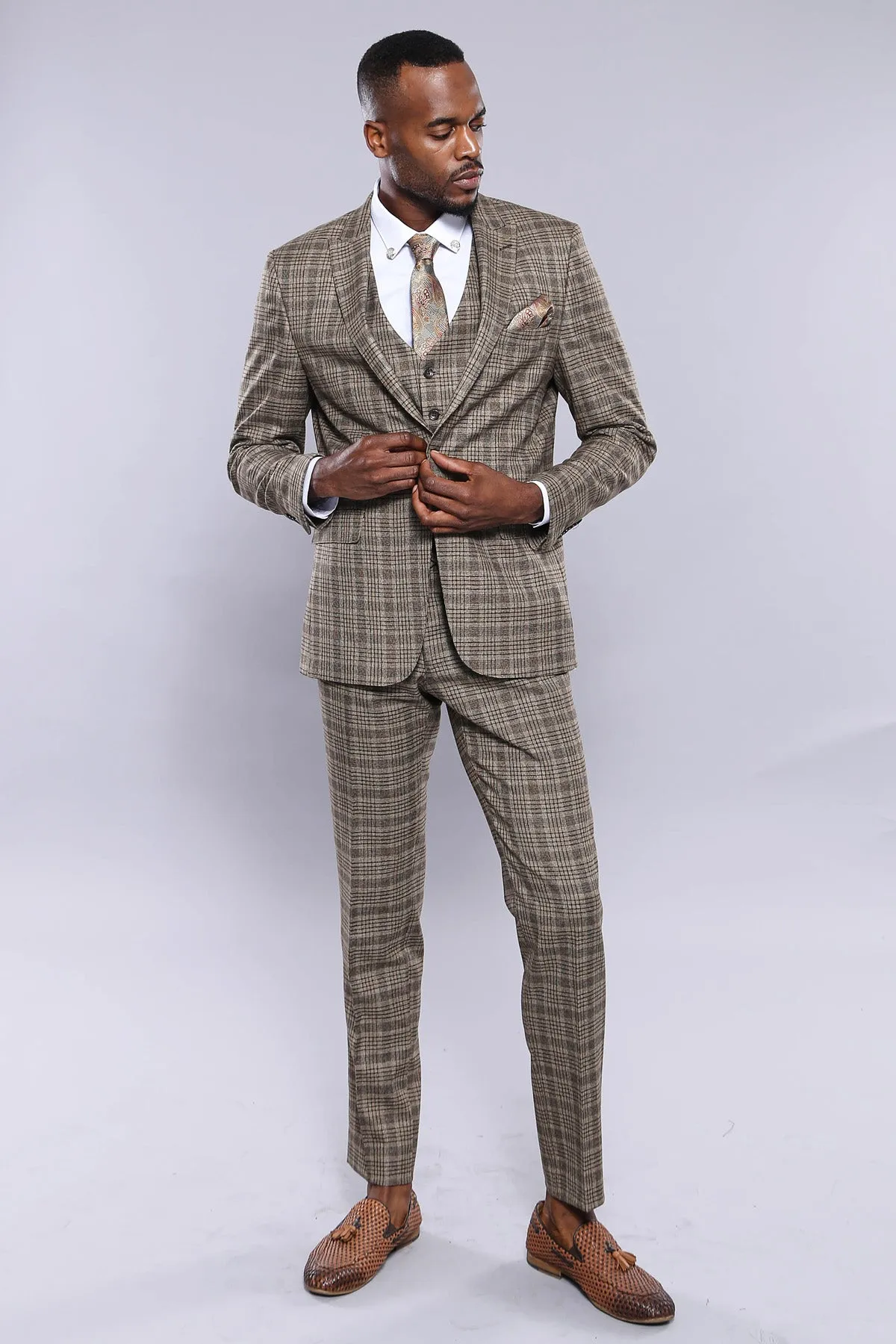 Checked Slim-Fit Light Brown Men Blazer - Wessi