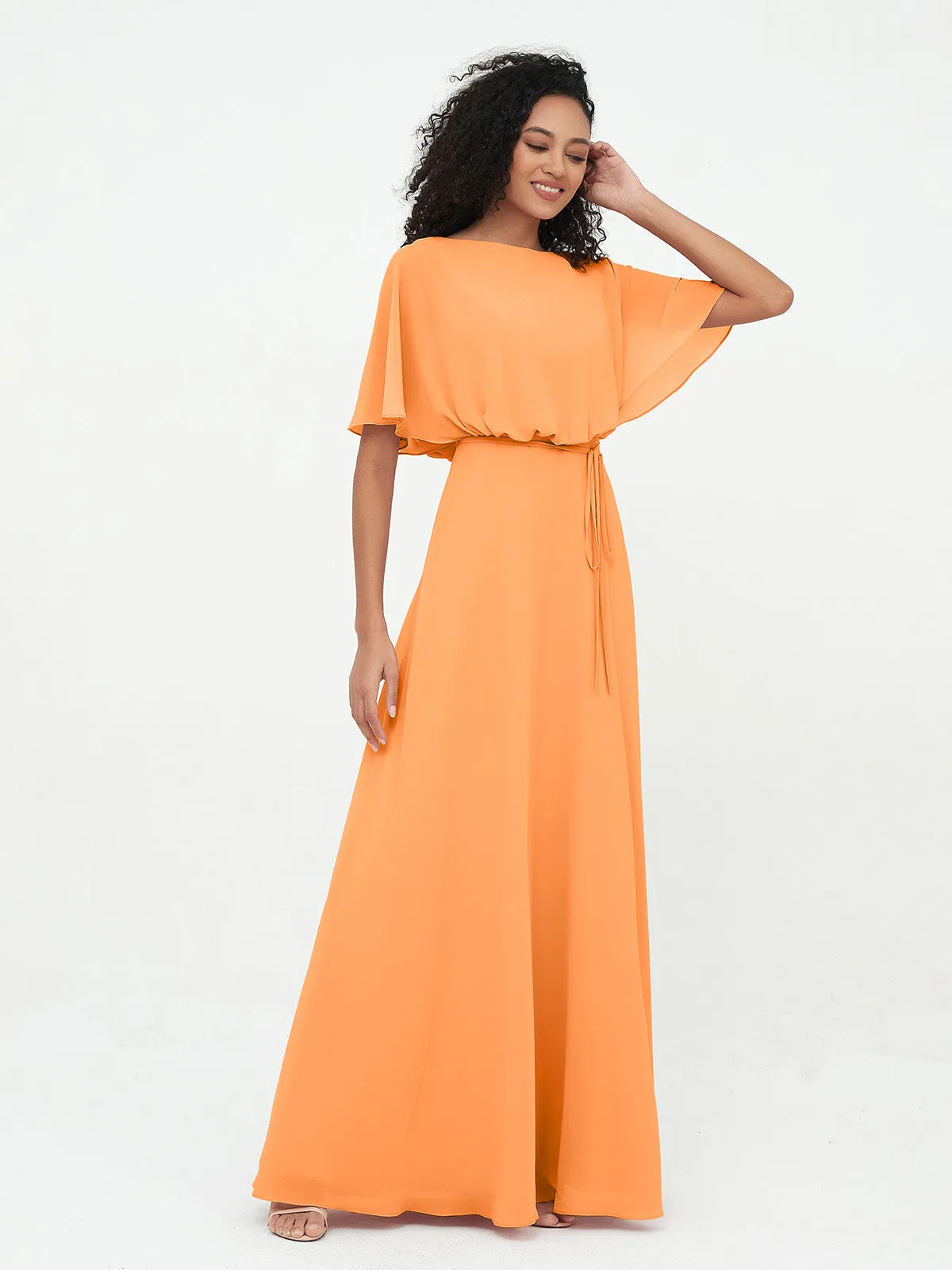 Chiffon Full Length Bridesmaid Dresses with Wrap Orange