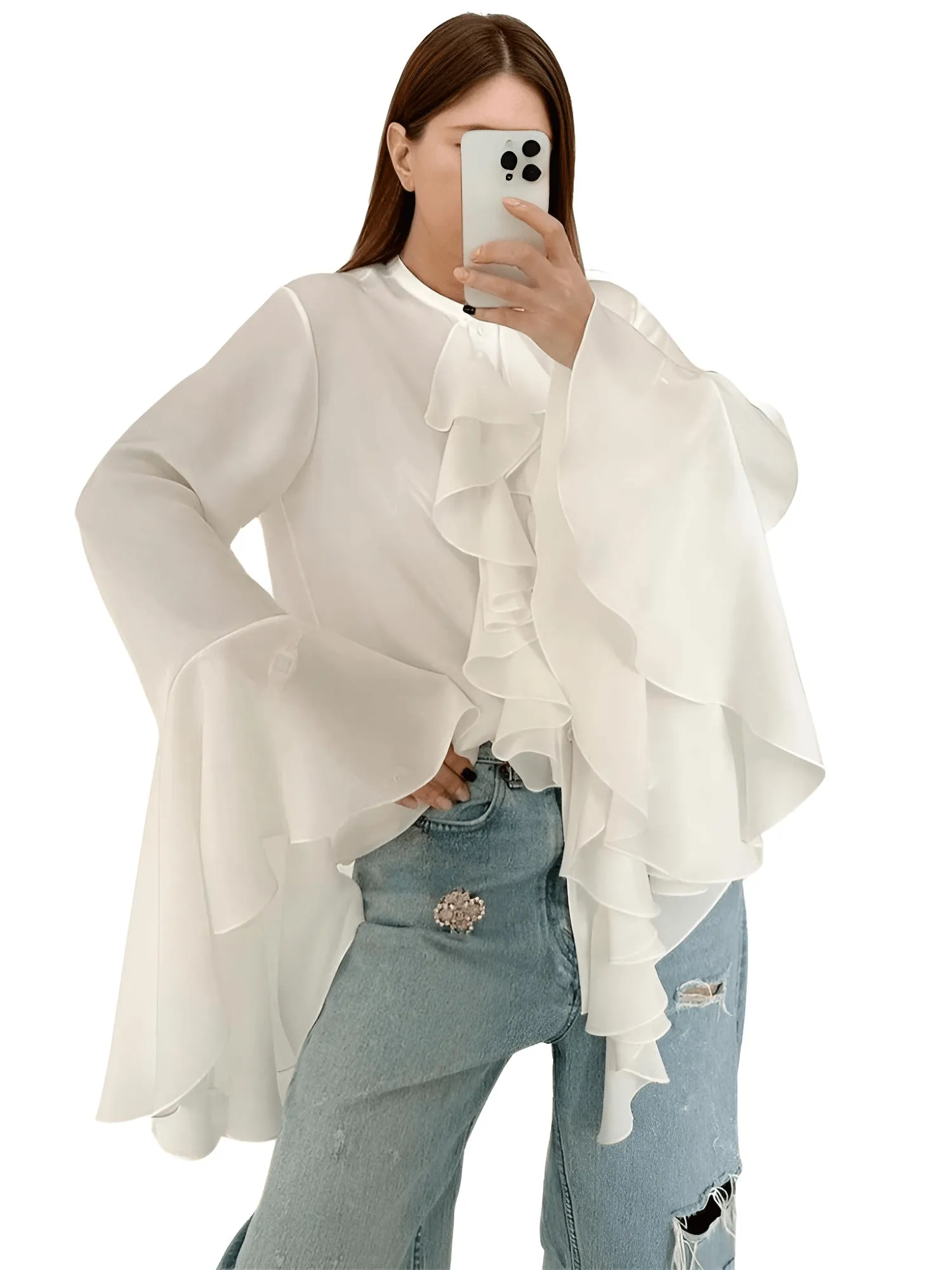 Chiffon Ruffled Shirts For Women Flare Sleeve Oversize Laminated Flounces Elegant Blouses And Tops