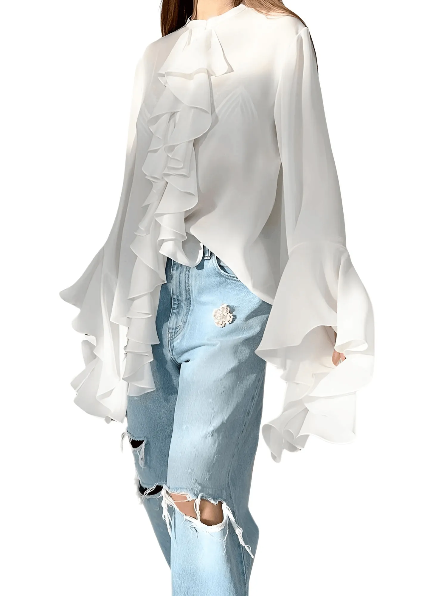 Chiffon Ruffled Shirts For Women Flare Sleeve Oversize Laminated Flounces Elegant Blouses And Tops