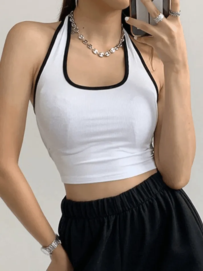 Contrast Trim Cropped Halter Tank Top