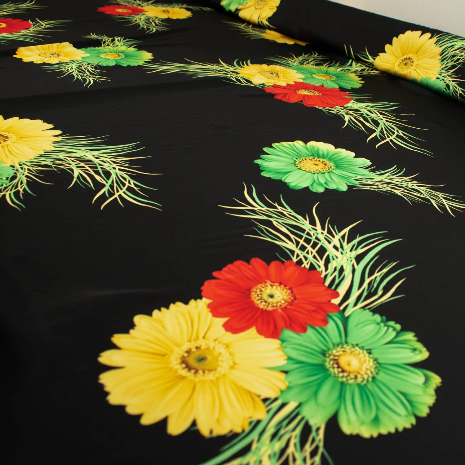 Digital Printed Satin Design-15 Yellow & Red Florals on Black