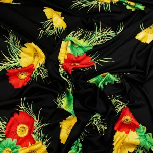 Digital Printed Satin Design-15 Yellow & Red Florals on Black