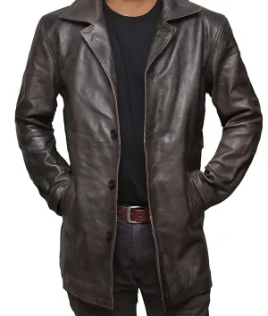 Distressed Brown 3   4 Length Leather Coat Mens