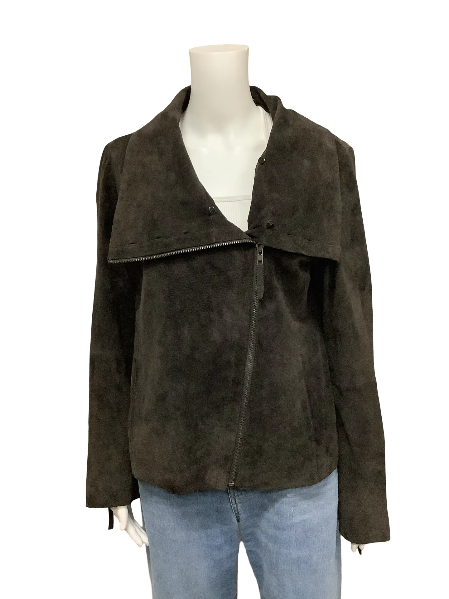 Ecru Suede Leather Moto Jacket Size: L