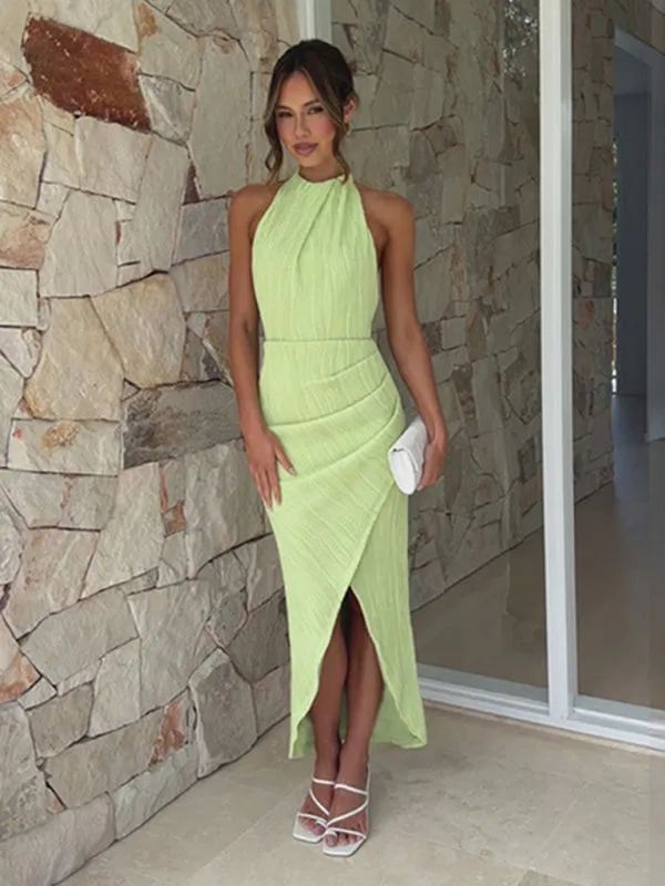 Elegant Backless Halter Textured Midi Dress with Wrap Skirt