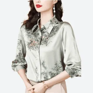 Elegant Floral Satin Button Blouses