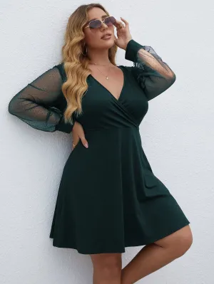 Elegant Plain Wrap Long Sleeve Deep V Neck Flared High Waist Short Plus Size Dress