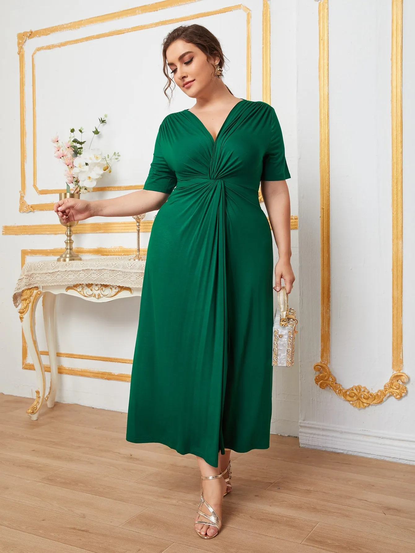 Elegant Plain Wrap Short Sleeve Deep V Neck Wrap High Waist Long Plus Size Dress