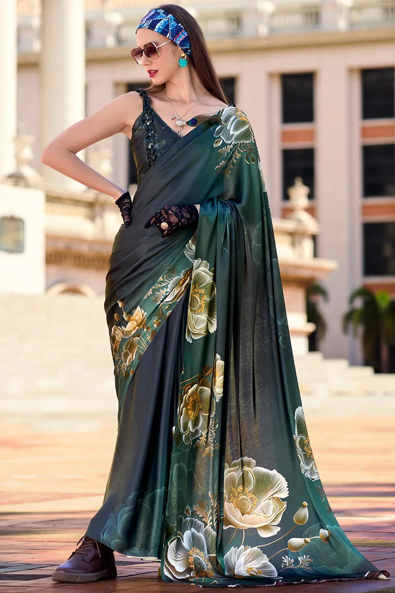 Epiphany Dark Green Digital Printed Satin Silk Saree With Palimpsest Blouse Piece