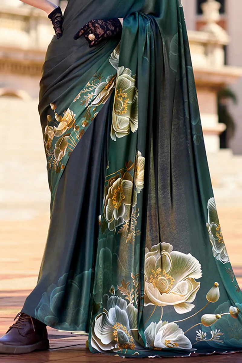 Epiphany Dark Green Digital Printed Satin Silk Saree With Palimpsest Blouse Piece