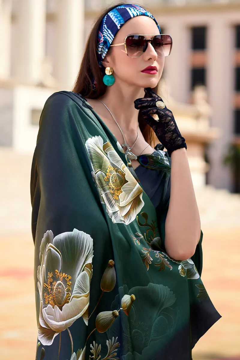 Epiphany Dark Green Digital Printed Satin Silk Saree With Palimpsest Blouse Piece