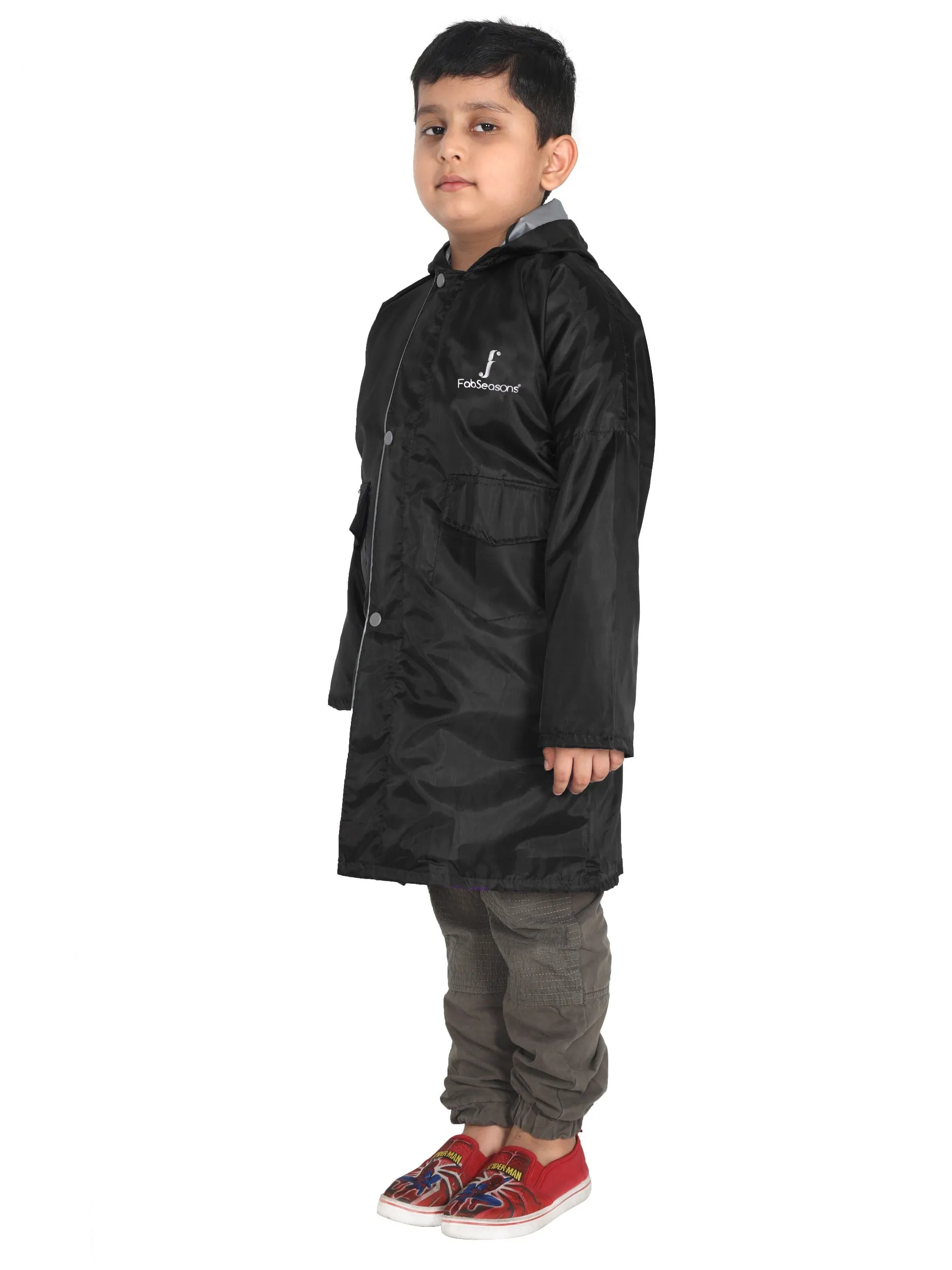 FABSEASONS UNISEX BLACK WATERPROOF LONG - FULL RAINCOAT FOR KIDS WITH HOOD