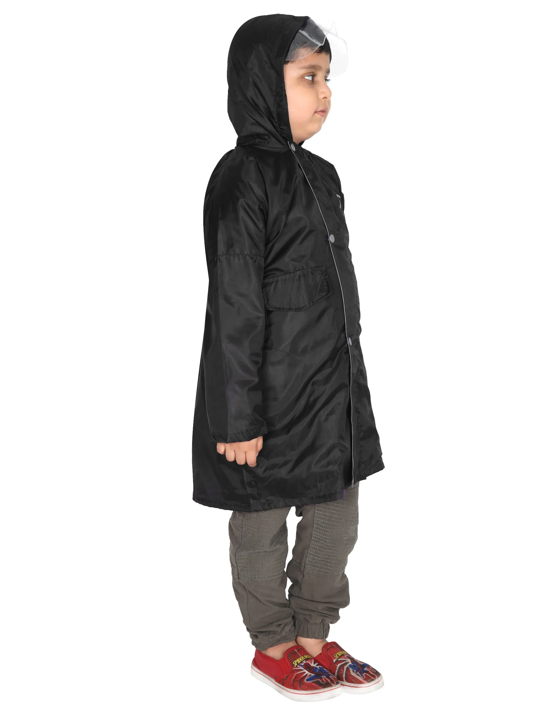 FABSEASONS UNISEX BLACK WATERPROOF LONG - FULL RAINCOAT FOR KIDS WITH HOOD