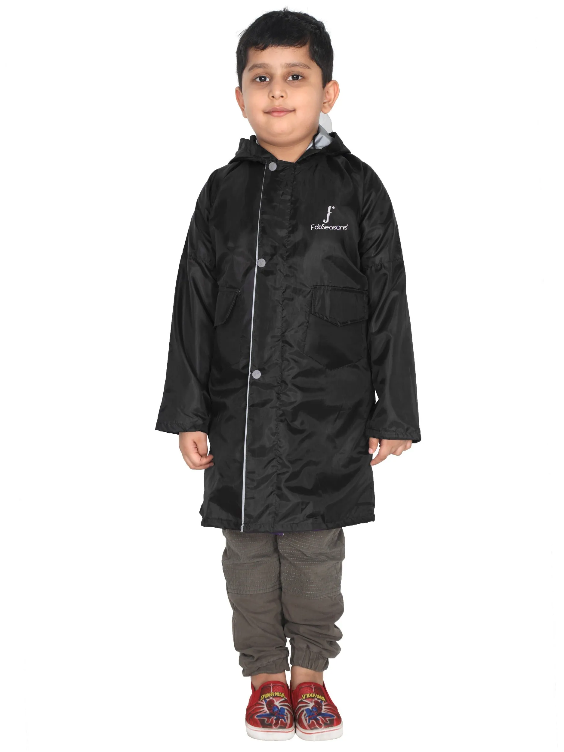 FABSEASONS UNISEX BLACK WATERPROOF LONG - FULL RAINCOAT FOR KIDS WITH HOOD