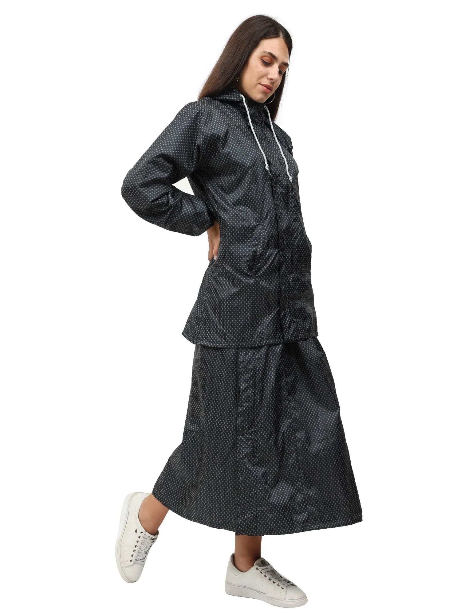 FabSeasons Waterproof Full Raincoat for women with top & skirt with adjustable Hood and Reflector at back for Night visibility.