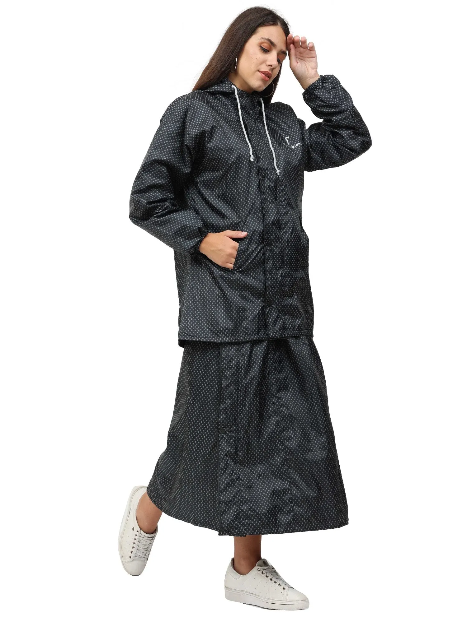 FabSeasons Waterproof Full Raincoat for women with top & skirt with adjustable Hood and Reflector at back for Night visibility.