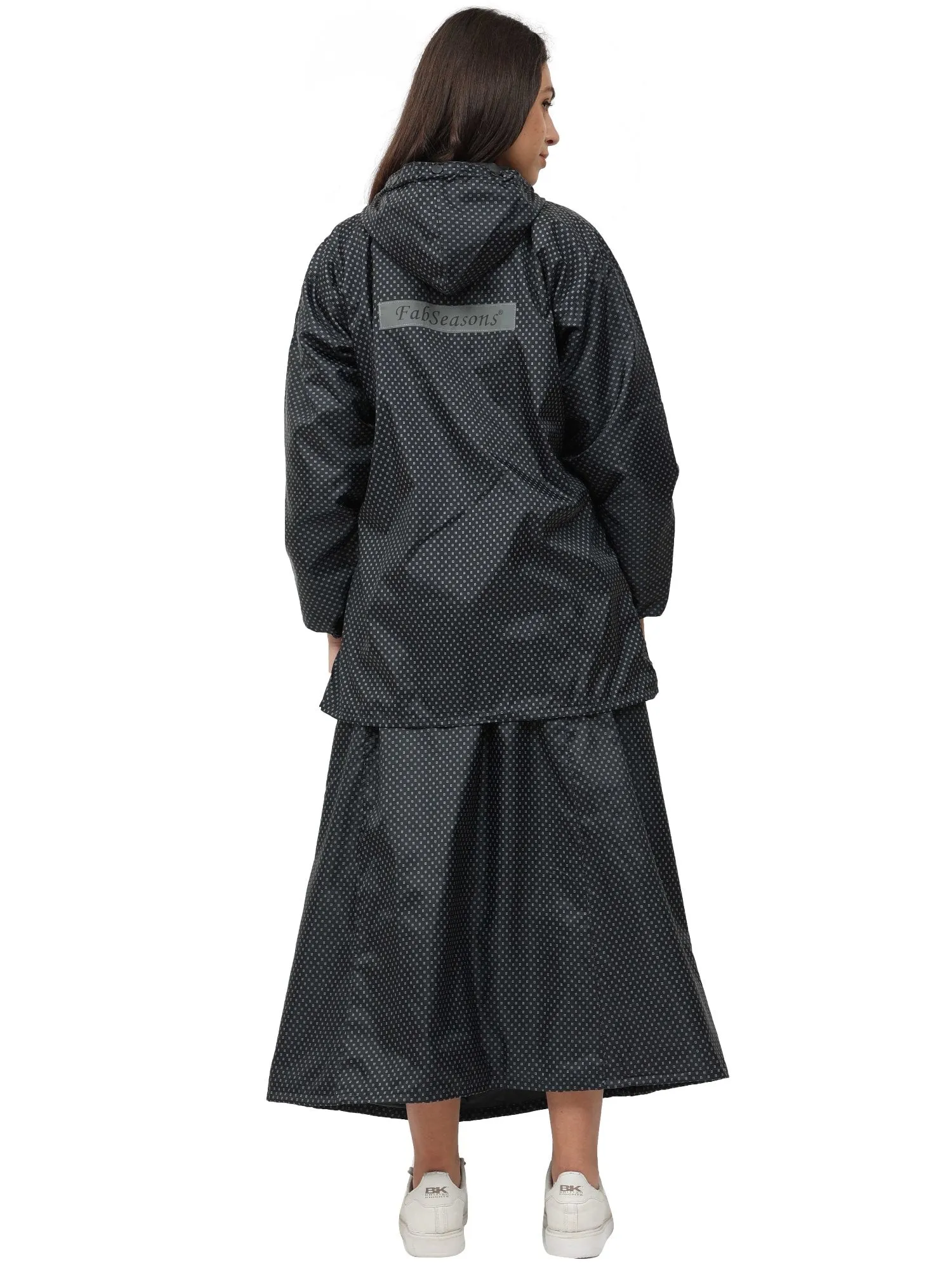 FabSeasons Waterproof Full Raincoat for women with top & skirt with adjustable Hood and Reflector at back for Night visibility.