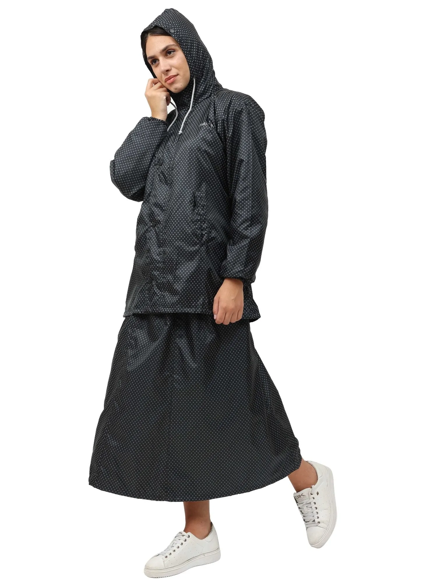 FabSeasons Waterproof Full Raincoat for women with top & skirt with adjustable Hood and Reflector at back for Night visibility.