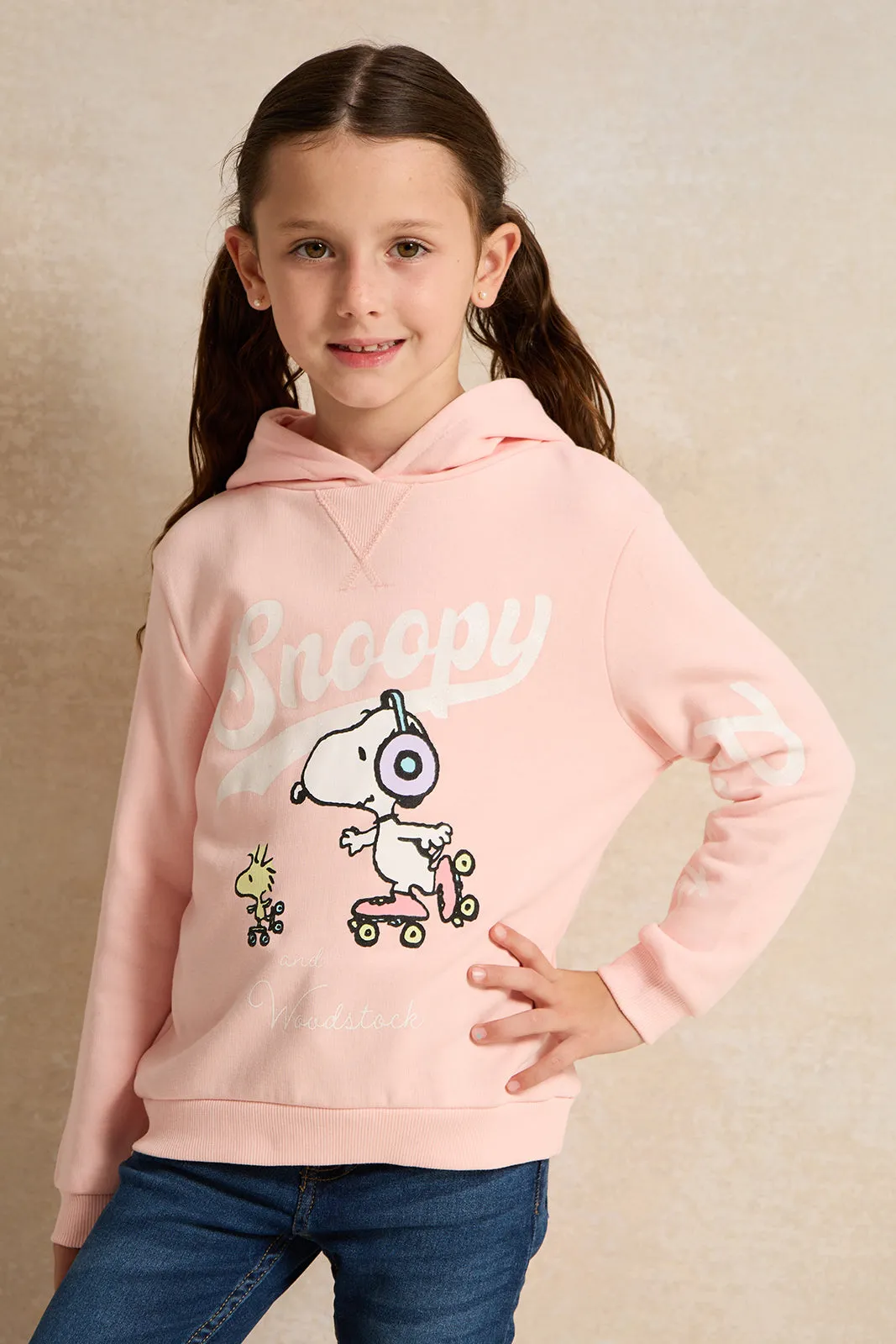 Girls Pink Snoopy Print Hooded Sweatshirt