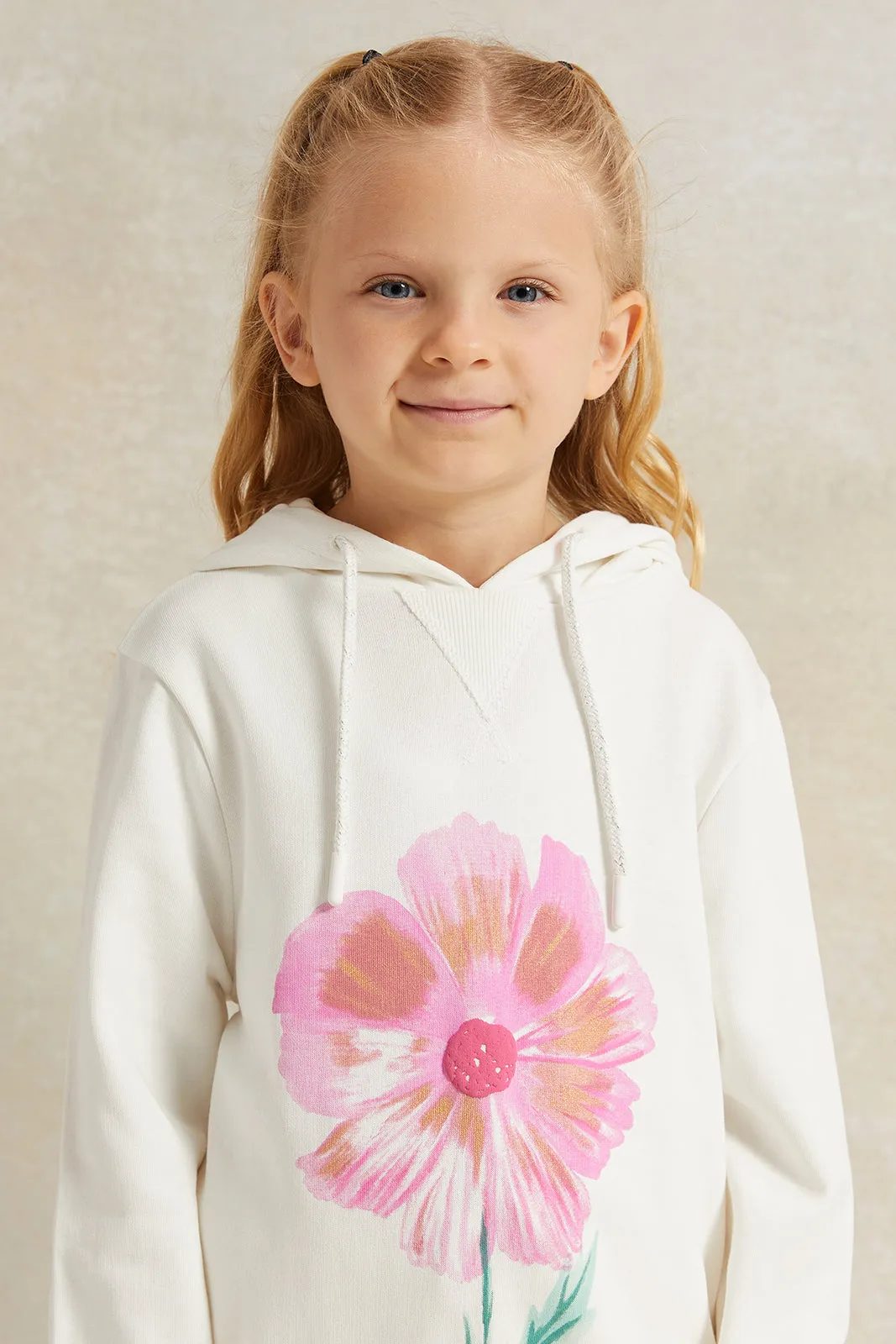 Girls White Flower Print Hooded Sweatshirt