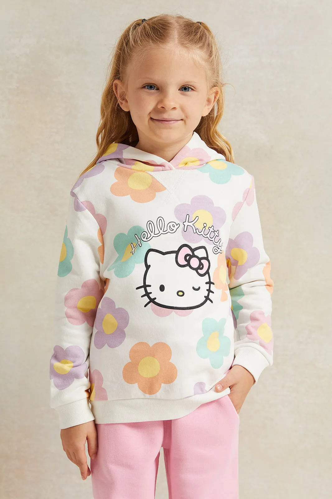 Girls White Hello Kitty Print Hooded Sweatshirt